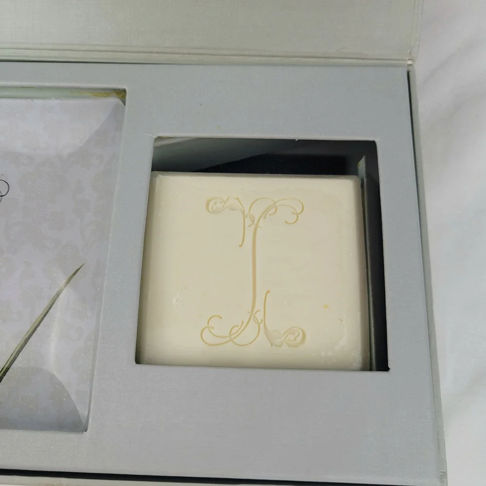 Fringe Studio Monogram I Glass Tray and Blackberry Currant Soap Gift Set Box